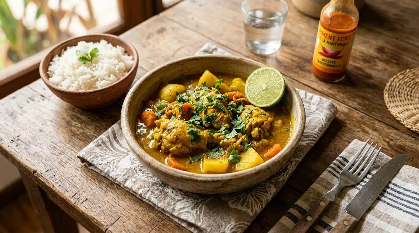 Plat traditionnel de Colombo de poulet martiniquais servi avec du riz