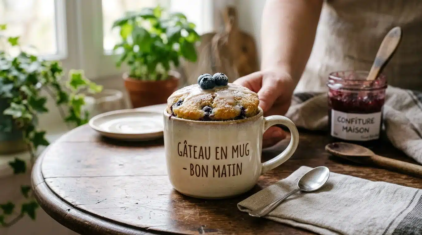 Mug cake nature moelleux dans une tasse en céramique.