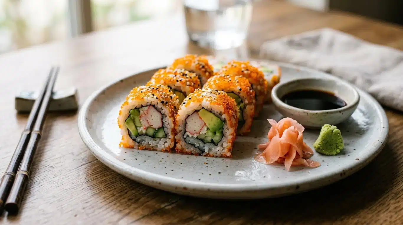 Plateau de California Rolls maison fraîchement préparés