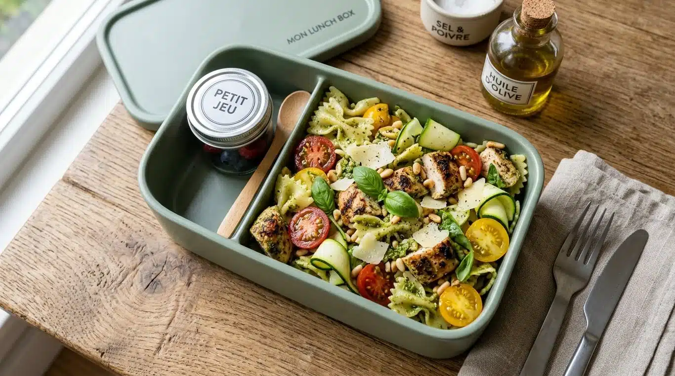 Salade de pâtes au pesto et poulet dans une boîte repas