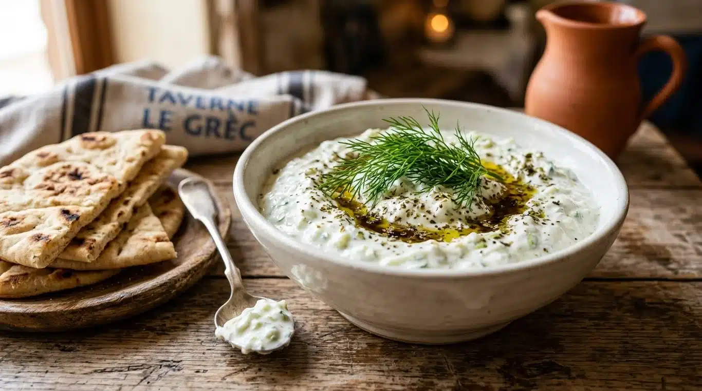Bol de tzatziki maison avec pain pita