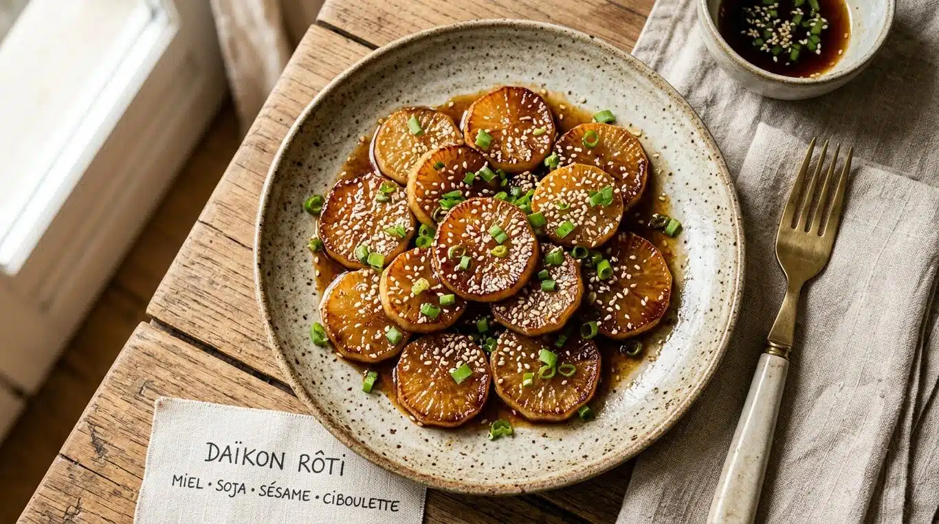 Radis blanc rôti au miel et à la sauce soja, garni de graines de sésame et d'oignons nouveaux.