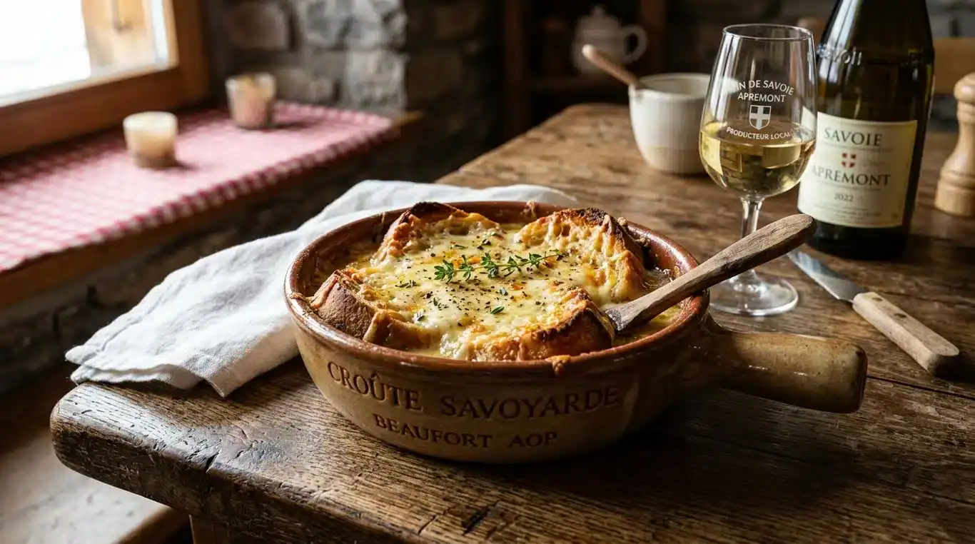 Croûte savoyarde traditionnelle servie dans un plat en céramique, fromage Beaufort fondu et doré.
