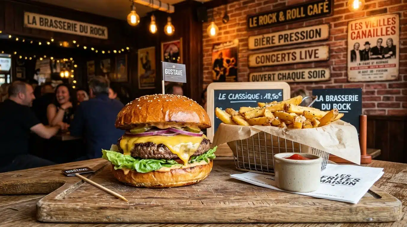 Burger signature du Lock Groove servi avec ses frites maison.