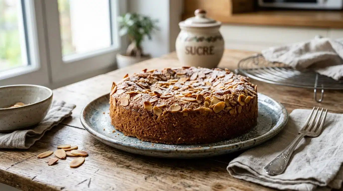Gâteau manqué aux amandes fraîchement cuit et décoré d'amandes effilées.