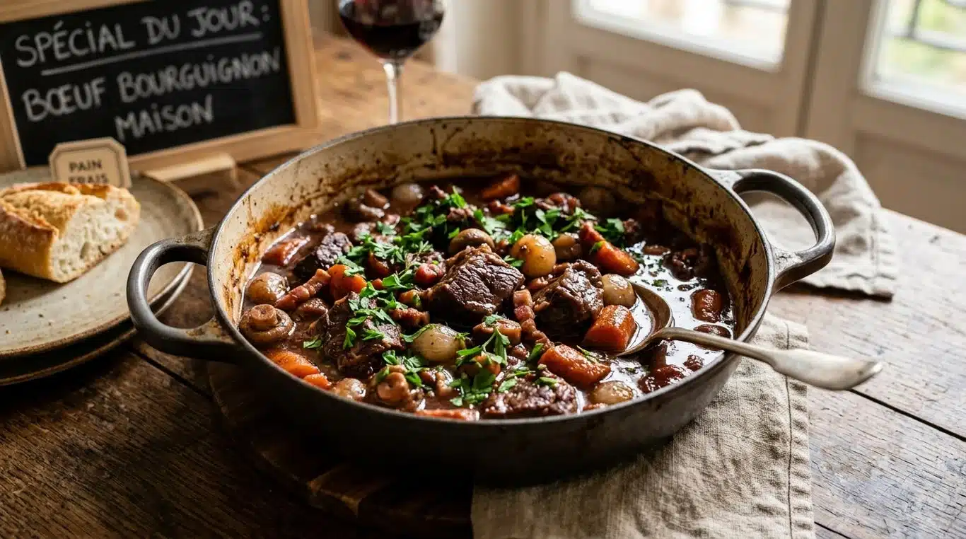 Plat de Bœuf Bourguignon traditionnel dans une cocotte en fonte