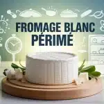 Pot de fromage blanc périmé avec horloge et icônes sécurité alimentaire