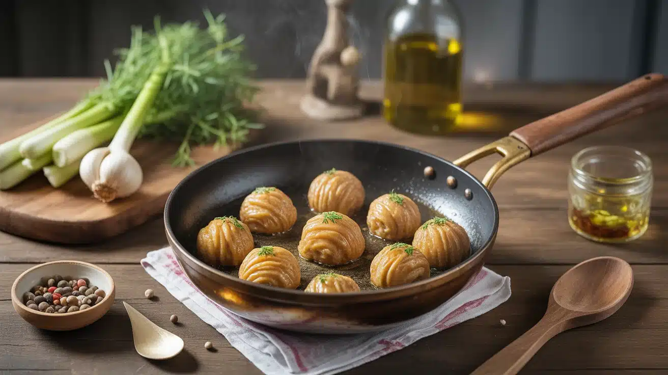 gésiers à la poêle dorés dans une poêle en fonte avec échalotes et persil