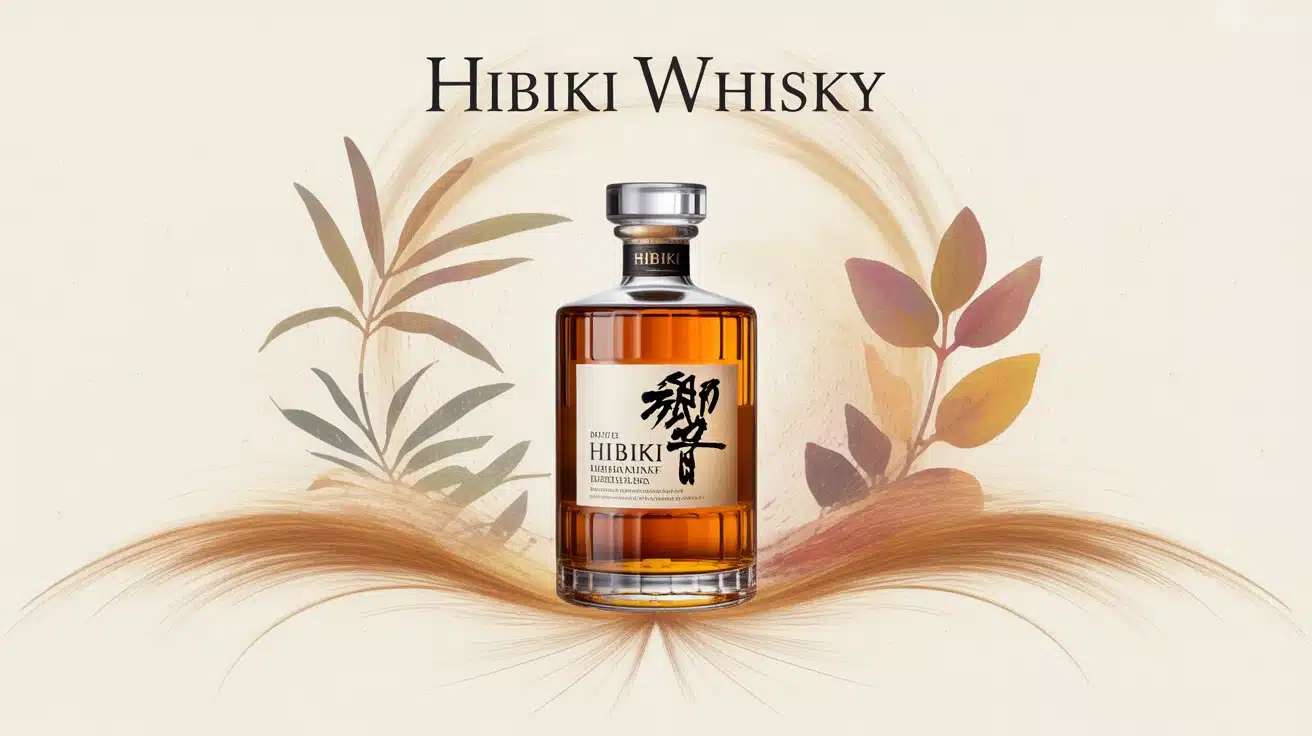 Bouteille de Hibiki whisky avec feuilles de chêne Mizunara et vagues abstraites