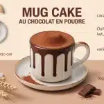Mug cake au chocolat en poudre dans une tasse blanche avec ingrédients