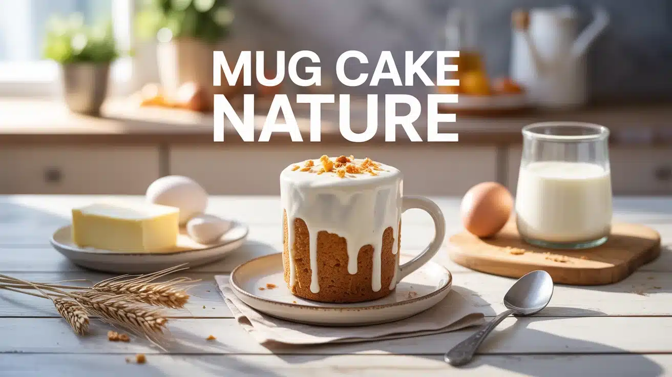 mug cake nature moelleux dans une tasse blanche sur table en bois