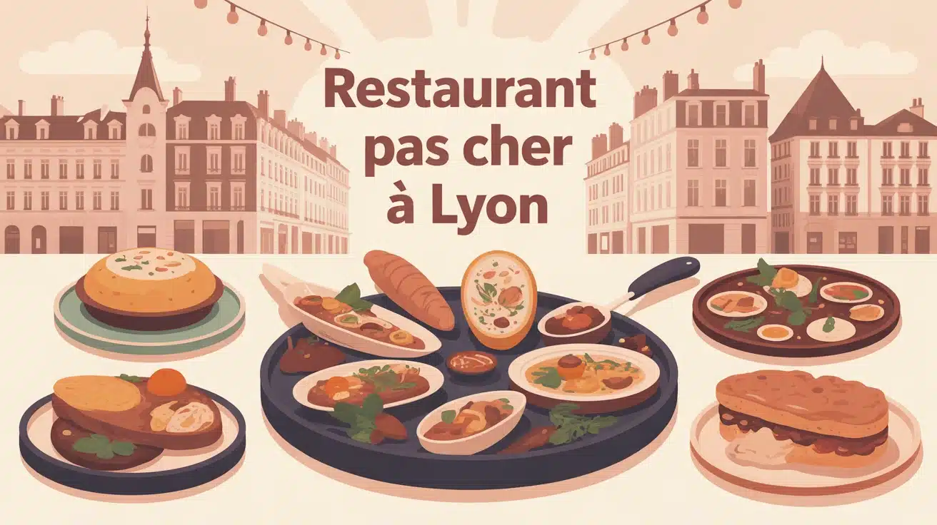 illustration vectorielle restaurant pas cher à Lyon avec plats lyonnais