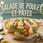 Salade de poulet et pâtes avec tomates cerises et basilic dans un saladier transparent