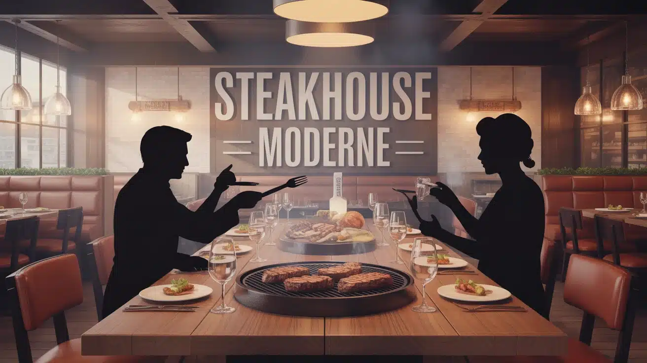 scène de steakhouse moderne avec table en bois et grillades fumantes