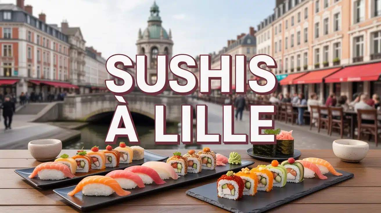 Illustration colorée de sushis à Lille avec Vieux-Lille en arrière-plan