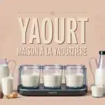 Illustration yaourt maison à la yaourtière avec pots et ingrédients