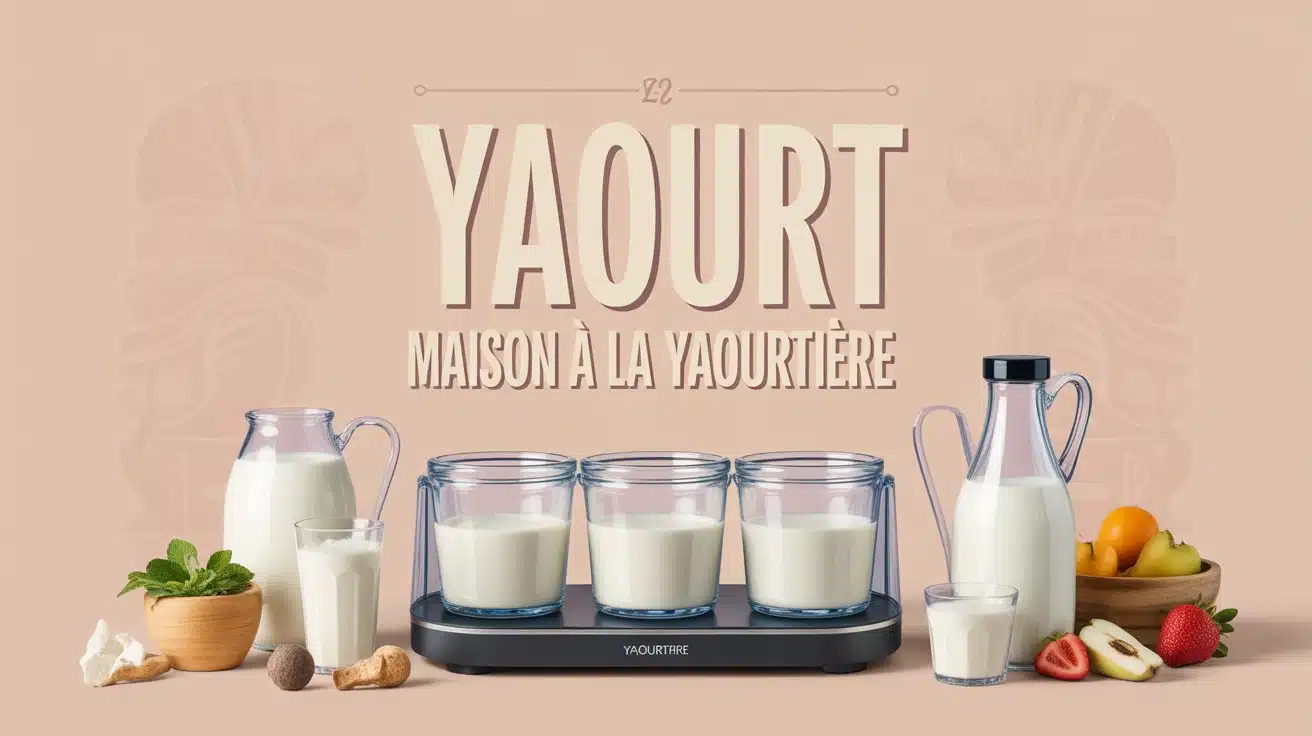 Illustration yaourt maison à la yaourtière avec pots et ingrédients
