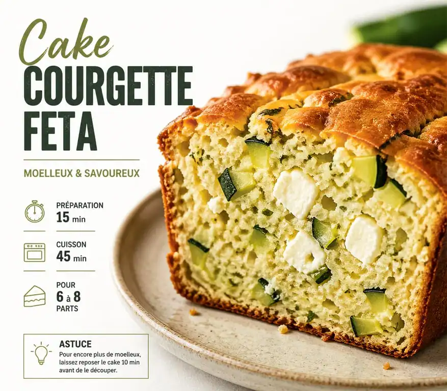 Tranche de cake courgette feta moelleux sur une assiette