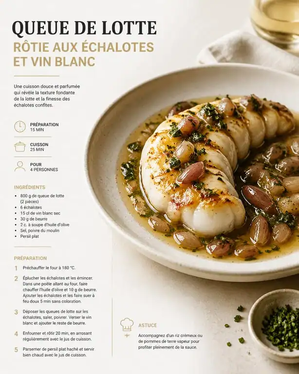 Queue de lotte rôtie aux échalotes et vin blanc dans une assiette élégante