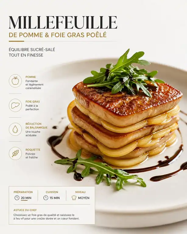 Millefeuille de pomme et foie gras poêlé, une entrée facile et chic dressée sur assiette.