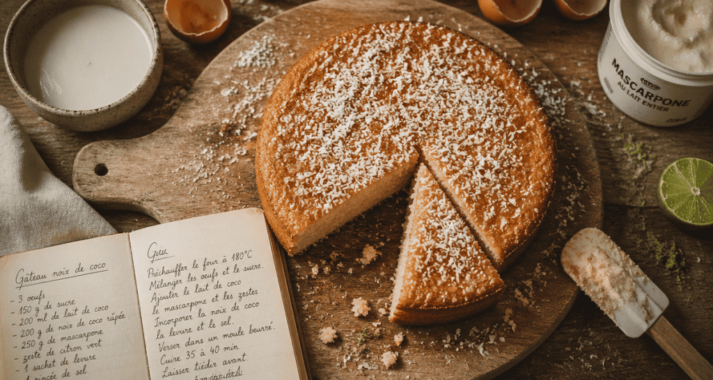 Gateau noix de coco moelleux sur planche avec ingrédients