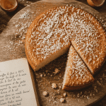 Gateau noix de coco moelleux sur planche avec ingrédients