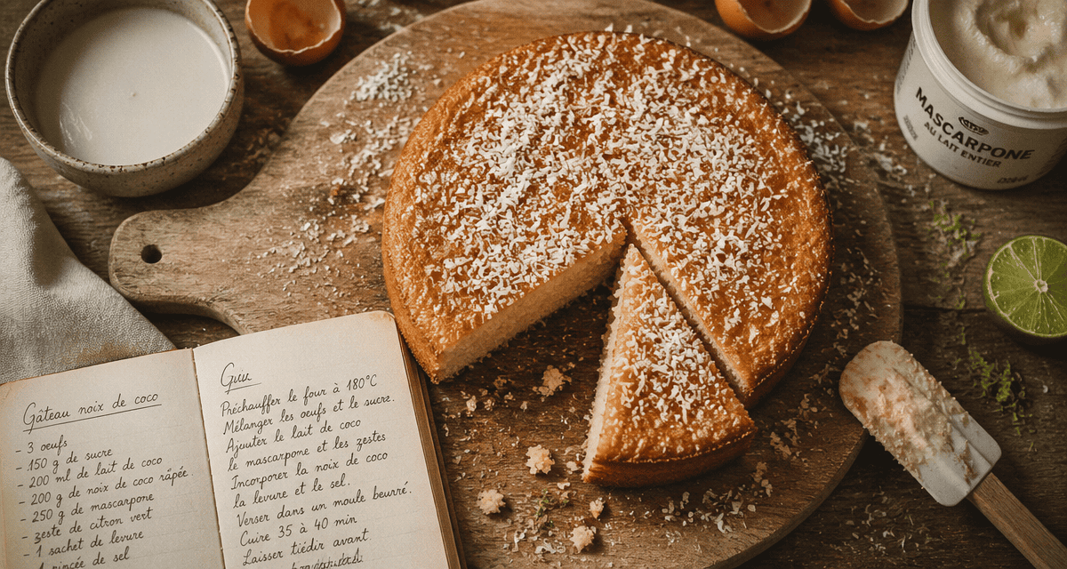 Gateau noix de coco moelleux sur planche avec ingrédients
