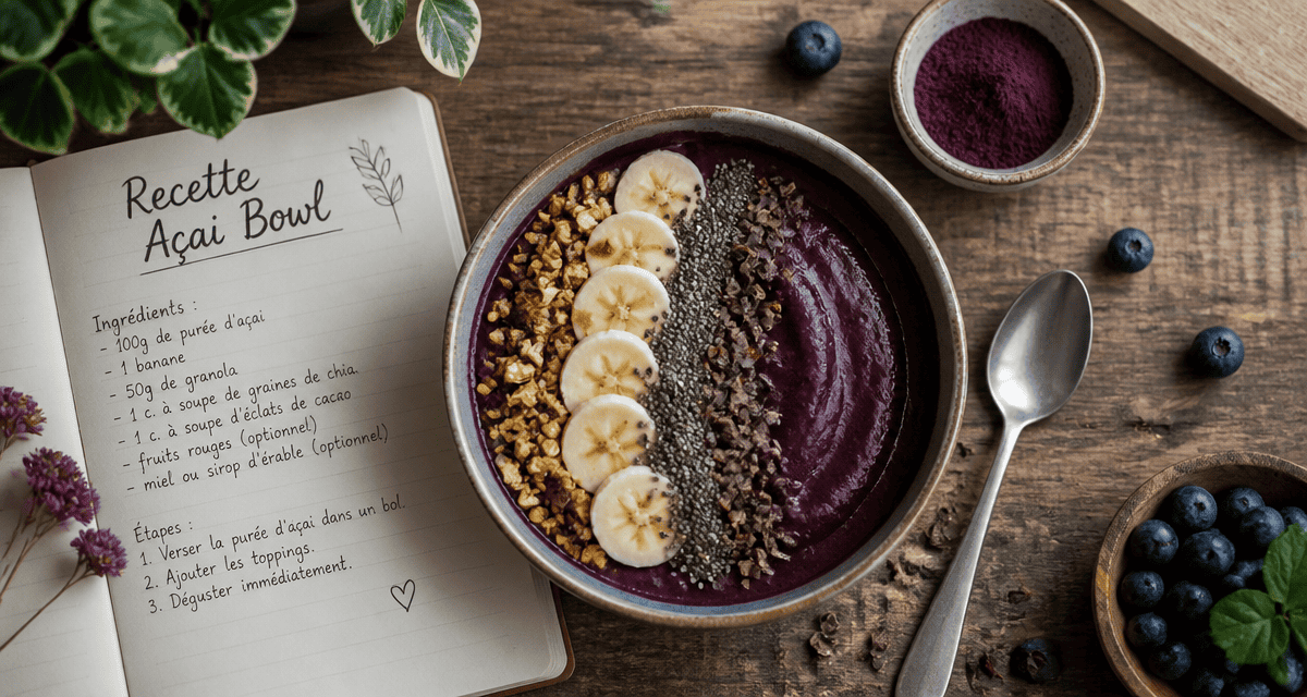 acai bowl maison avec granola, banane et poudre d'acai