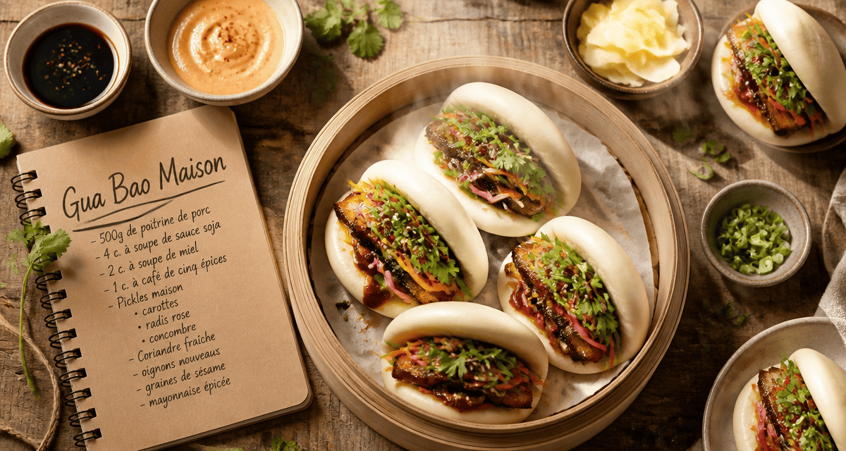 Bao bun maison vapeur, porc confit et pickles