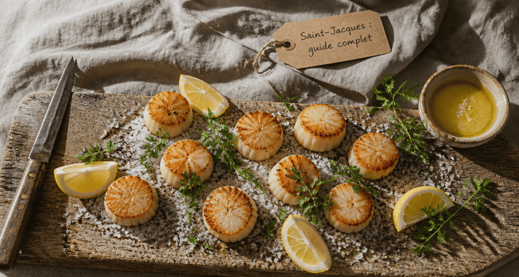 coquille saint jacques poêlée dorée sur sel de guérande