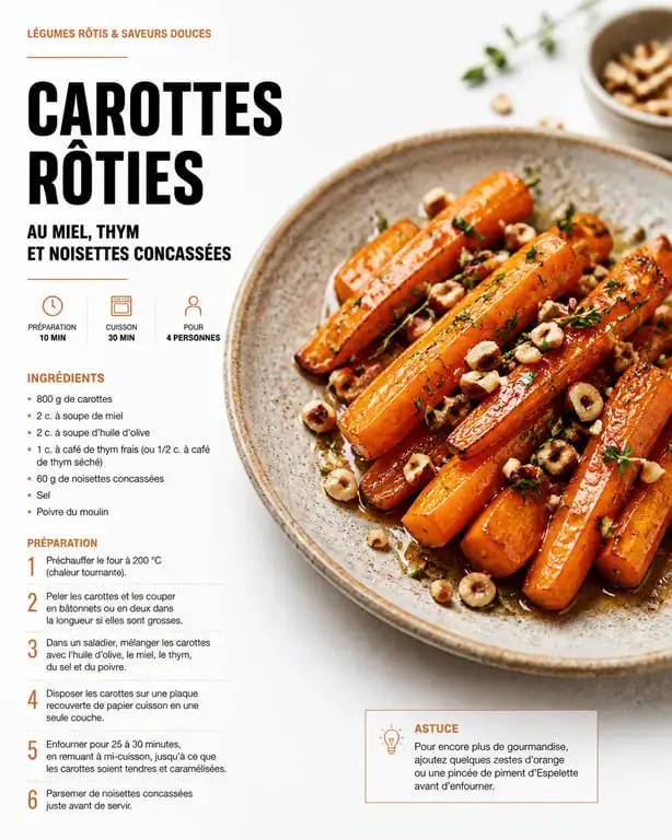Recette de carottes rôties au miel, thym et cumin dans une assiette