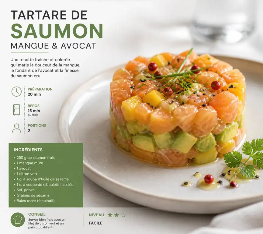 Tartare de saumon frais à la mangue et à l'avocat, une idée d'entrée froide raffinée et colorée.