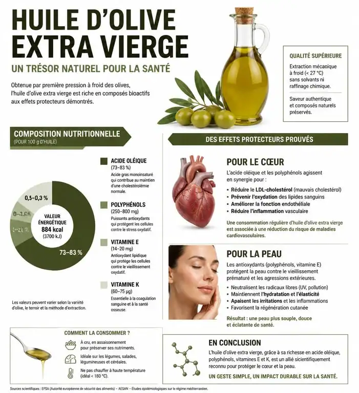 Infographie des bienfaits de l'huile d'olive sur la santé et la peau