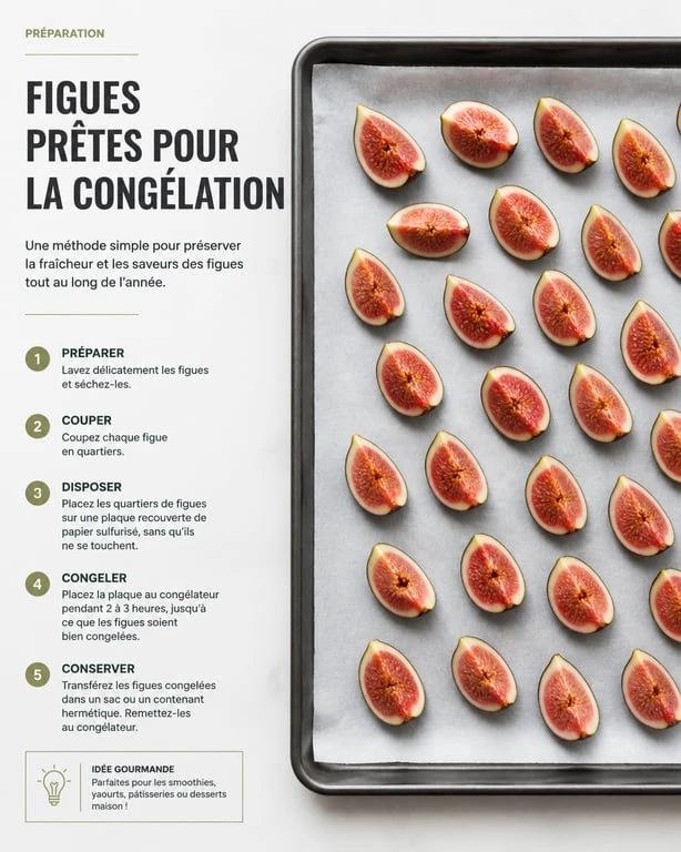 Quartiers de figues fraîches disposés sur une plaque pour la technique de congélation des figues