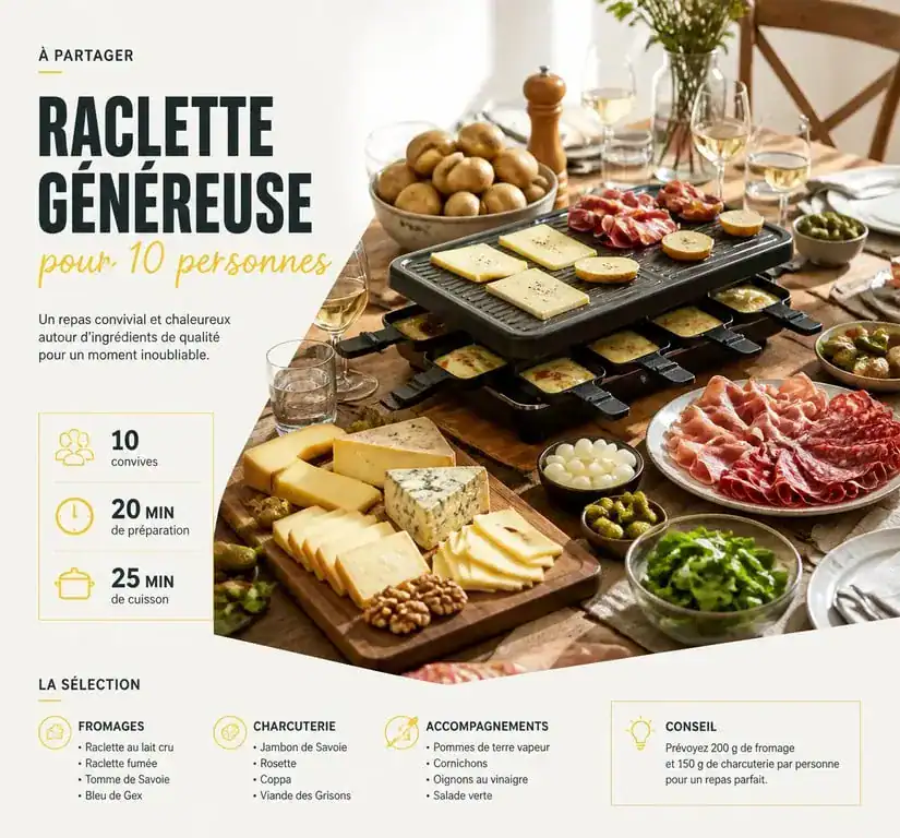 Table de raclette conviviale pour 10 personnes avec fromage, charcuterie et pommes de terre