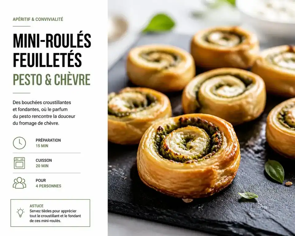 Assiette de mini-roulés feuilletés au pesto et chèvre, recette de feuilleté salé croustillant.