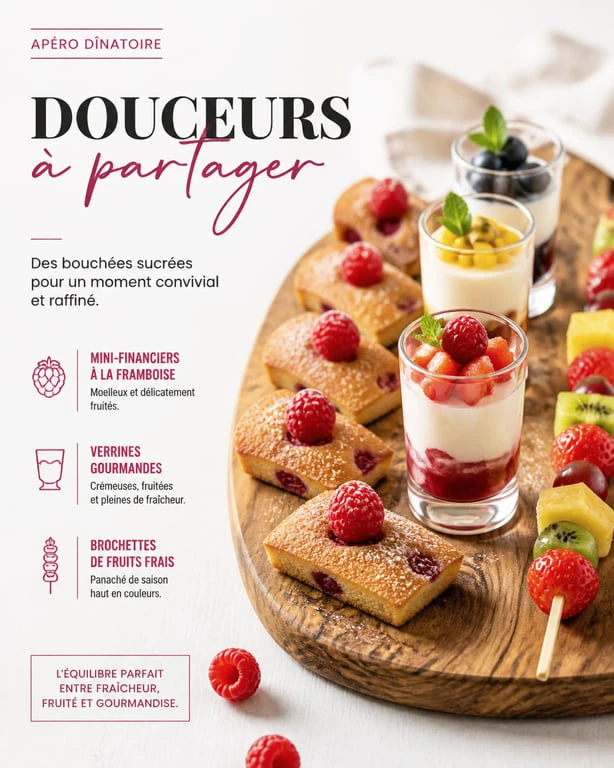 Assortiment de desserts pour apéro dînatoire, incluant des mini-financiers à la framboise et des verrines gourmandes.