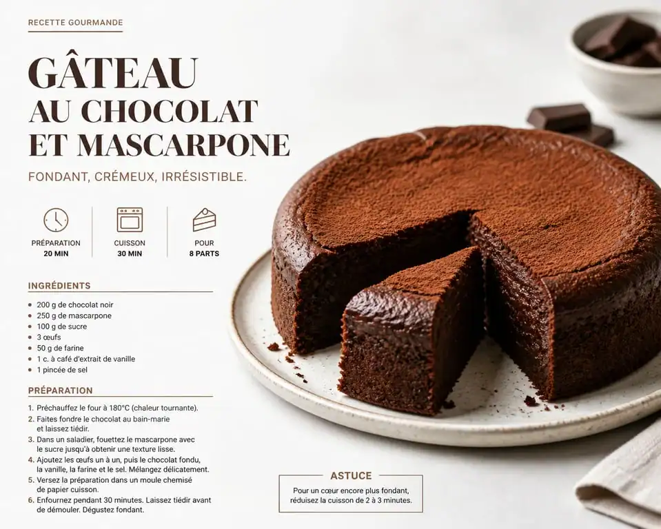 Gâteau au chocolat et mascarpone onctueux sur une assiette en céramique