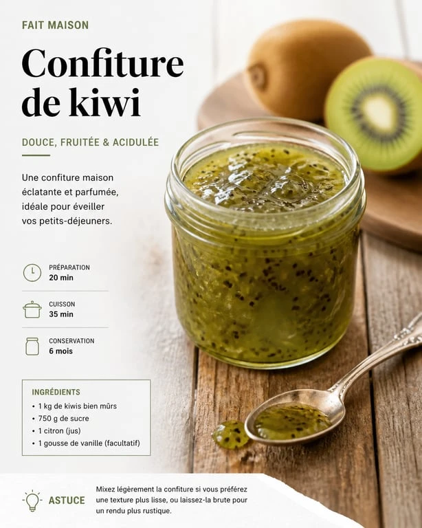 Pot de confiture de kiwi de grand-mère maison sur une table en bois