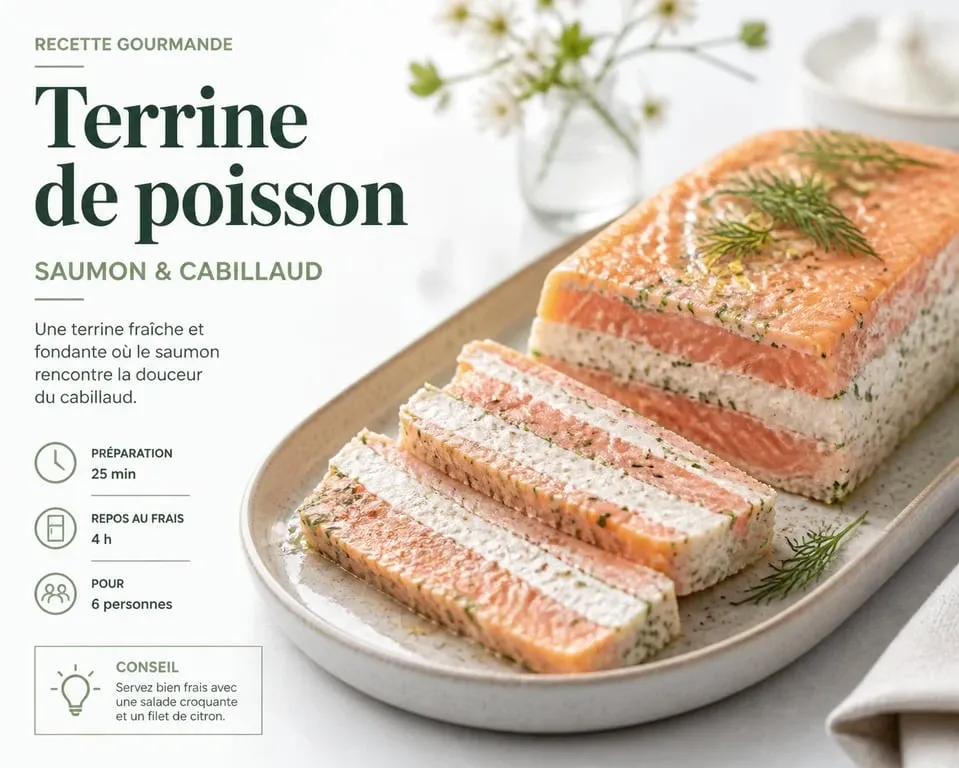 Terrine de poisson saumon cabillaud tranchée sur un plat, une entrée raffinée et colorée.