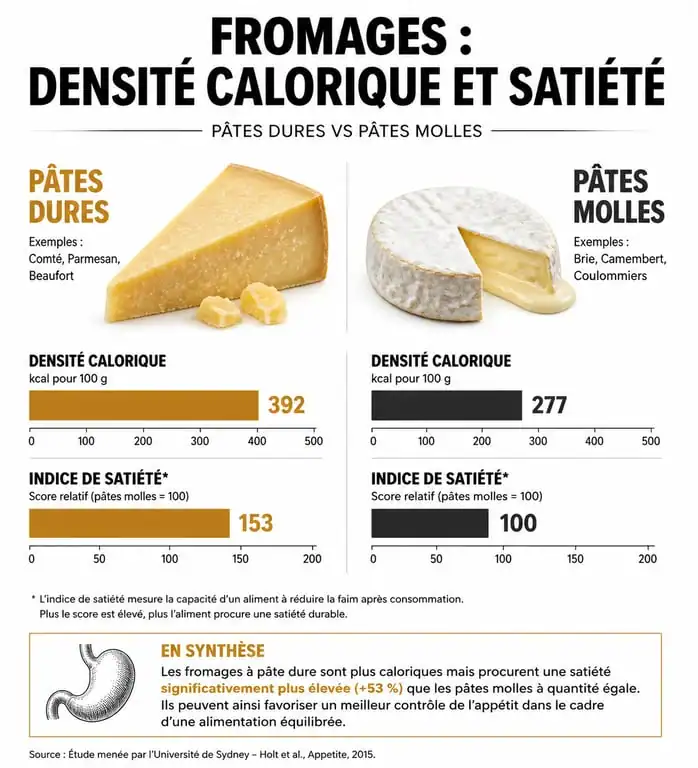 Infographie sur la densité calorique et les bienfaits nutritionnels du fromage pour la gestion du poids