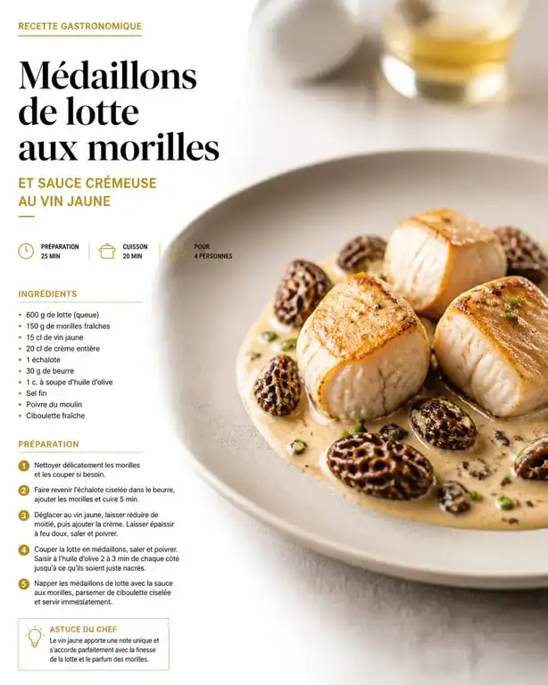 Médaillons de lotte aux morilles et vin jaune, recette de lotte raffinée dressée sur assiette.