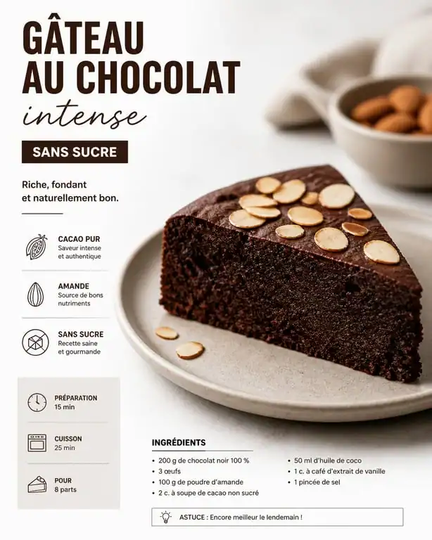 Gâteau au chocolat sans sucre pour diabétique, moelleux et gourmand