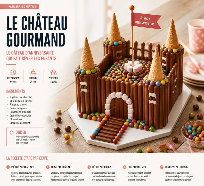 Gâteau rigolo d'anniversaire en forme de château fort décoré de bonbons et biscuits