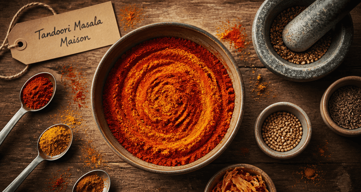 Mélange d'épices tandoori maison en bol sur bois