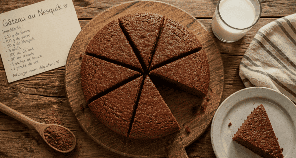 gateau au nesquik moelleux découpé sur planche en bois