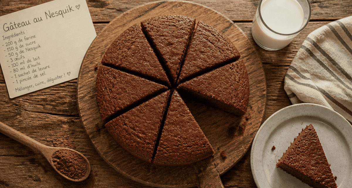 gateau au nesquik moelleux découpé sur planche en bois