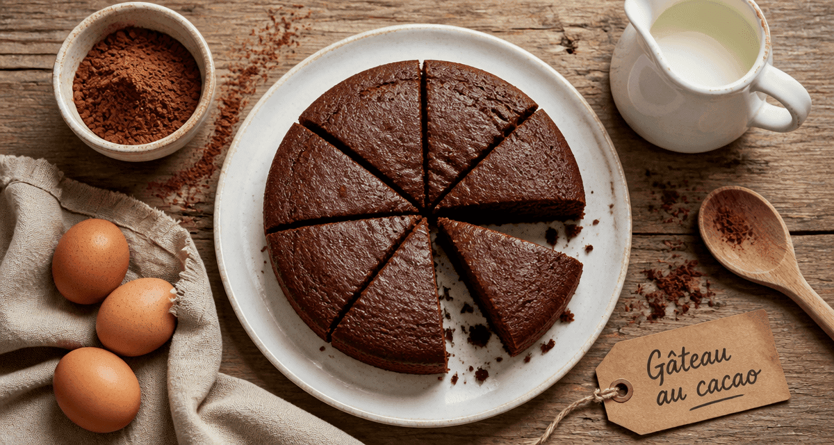 Gateau cacao moelleux découpé sur table rustique