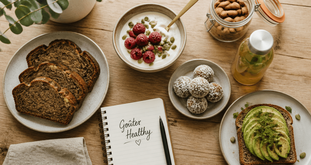 gouter healthy avec banana bread, energy balls et fruits