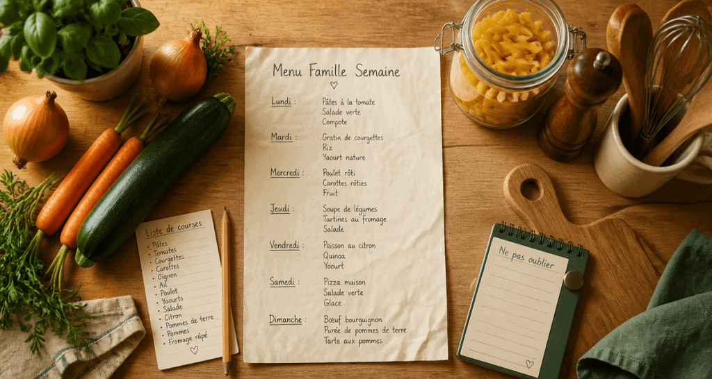 menu famille semaine sur table avec légumes et liste